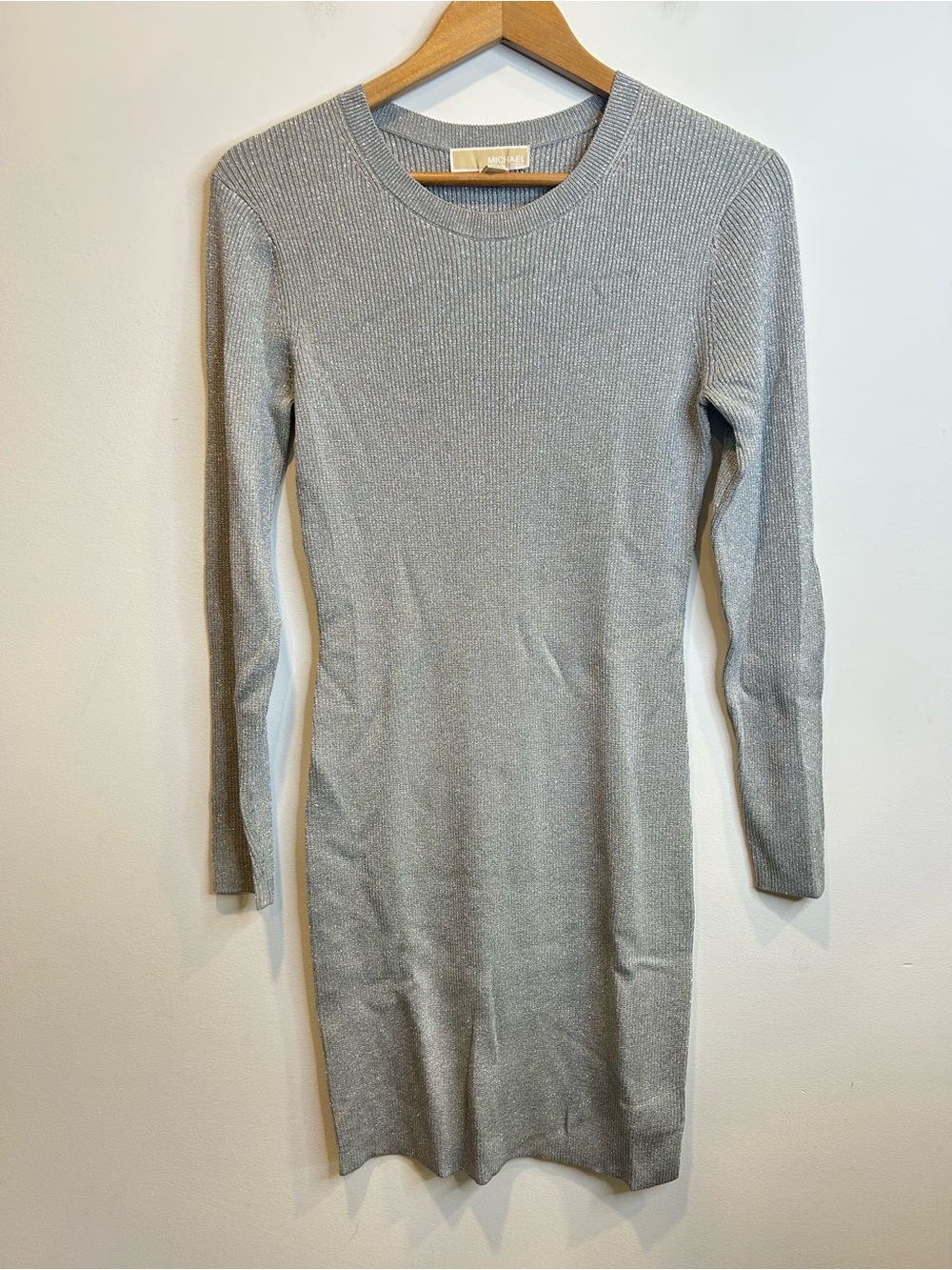 Michael Kors Long Sleeve Bodycon Metallic Rib Knit Sweater Dress Silver